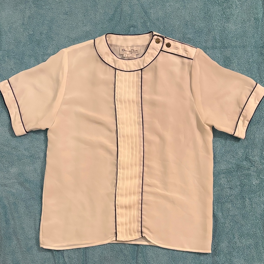 Oscar de la Renta Ivory Blouse with Blue Piping
